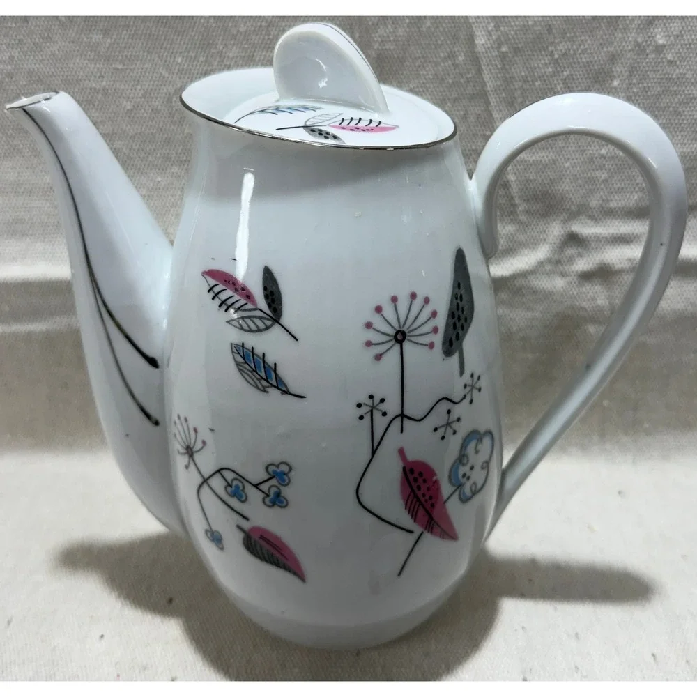 Royal Grace Japan Fine China Teapot 1950s MCM Atomic Botanical Pink Blue White